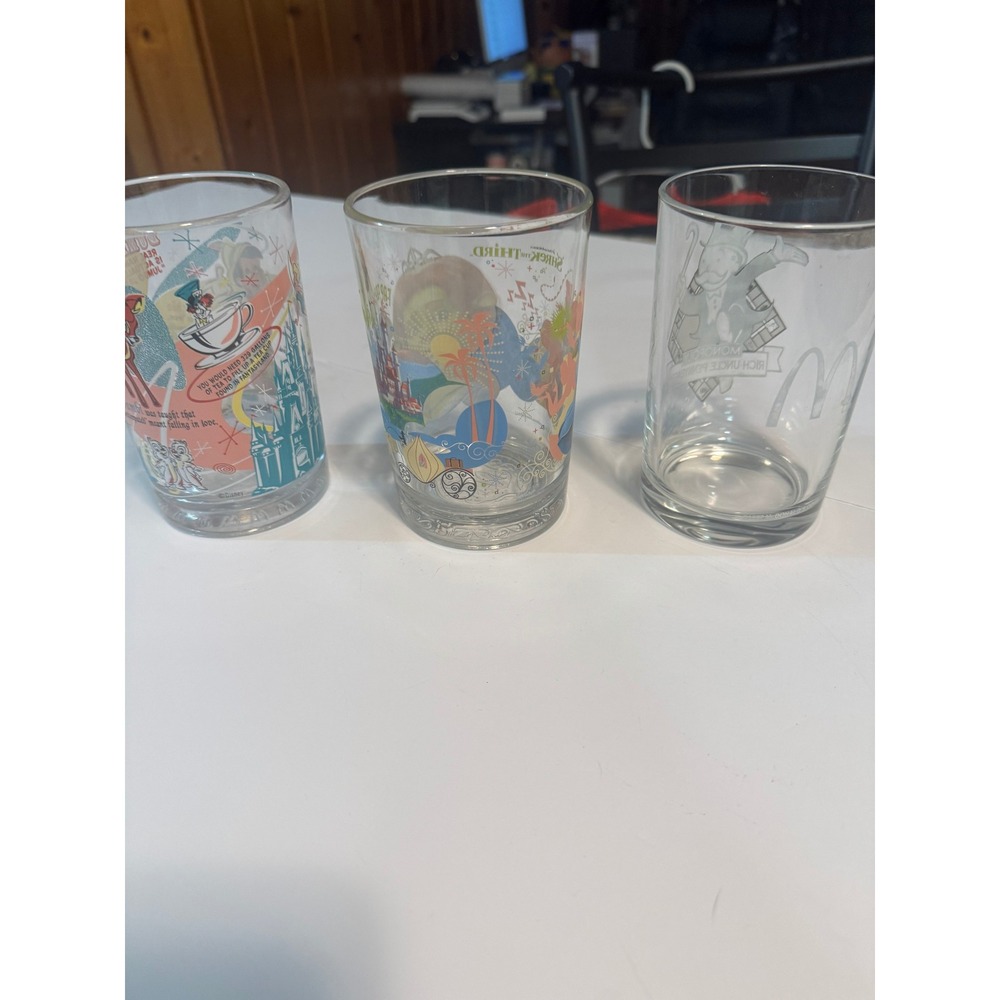 Vintage McDonalds Glass Set Pinocchio Shrek Fiona Monopoly Pennybags Tumblers